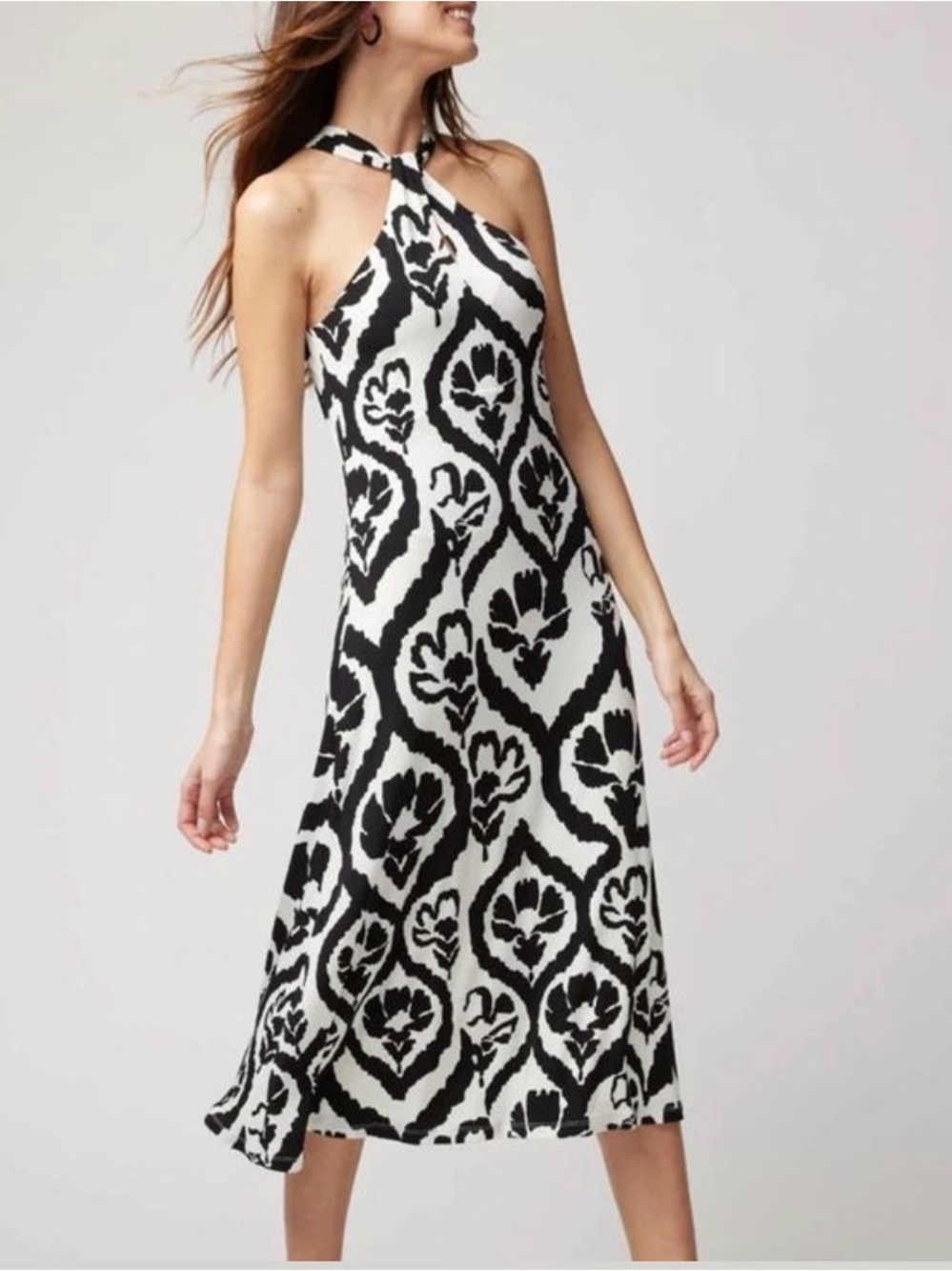 White House Black Market Black and White Halter Midi Dress with Graphic Print